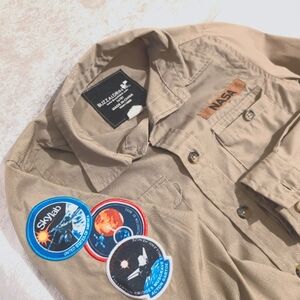Buzz Aldrin Nasa Khaki Arm Patch NASA Work Button Down Shirt Xs Boys